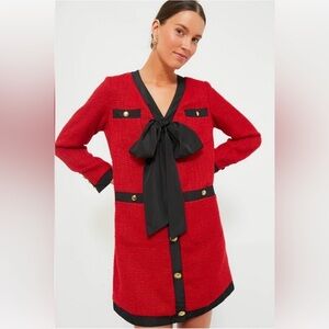 Red Tweed Bow-Front Dress with Black Trim
